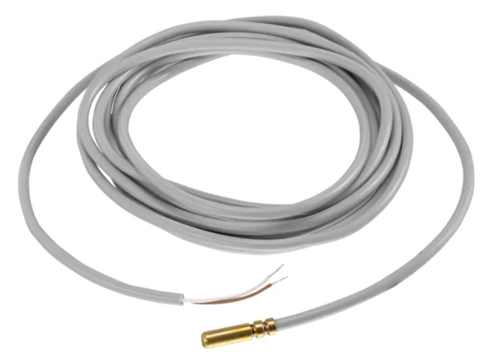 Temperatursensor mit grauer Ummantelung und einem goldenen Fühler. Geeignet für die Temperaturmessung in Tauchhülsen. Hersteller: Oventrop.